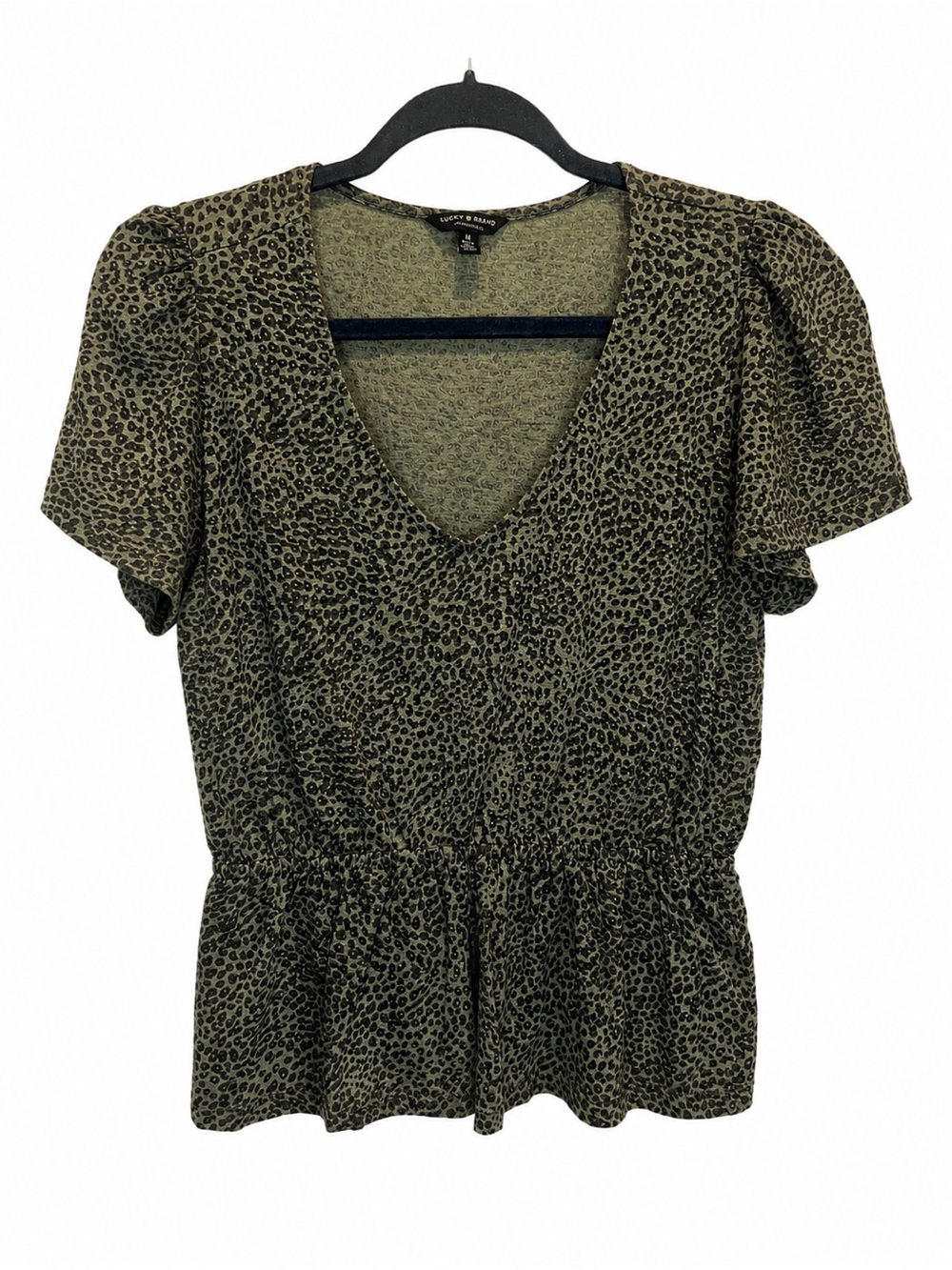 Lucky Brand Women Medium Olive Green Leopard Print Peplum Top Puff Sleeve
